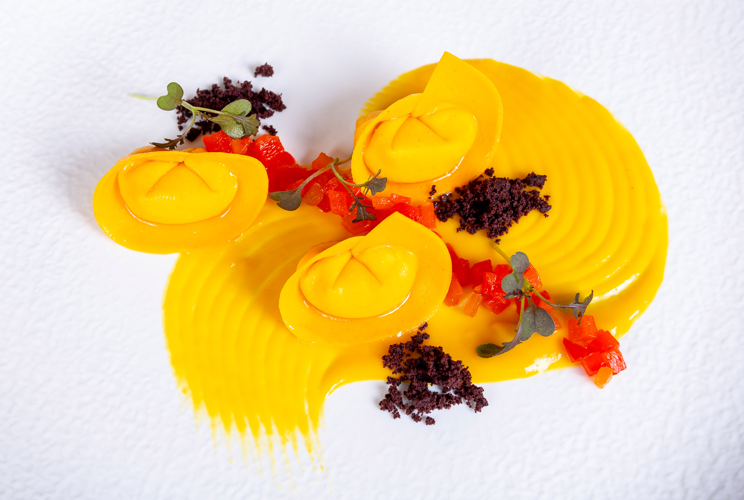 Tortelli fresh pasta, Sheep ricotta, Sweet peppers, Olive Tortelli fresh pasta, Sheep ricotta, Sweet peppers, Olive