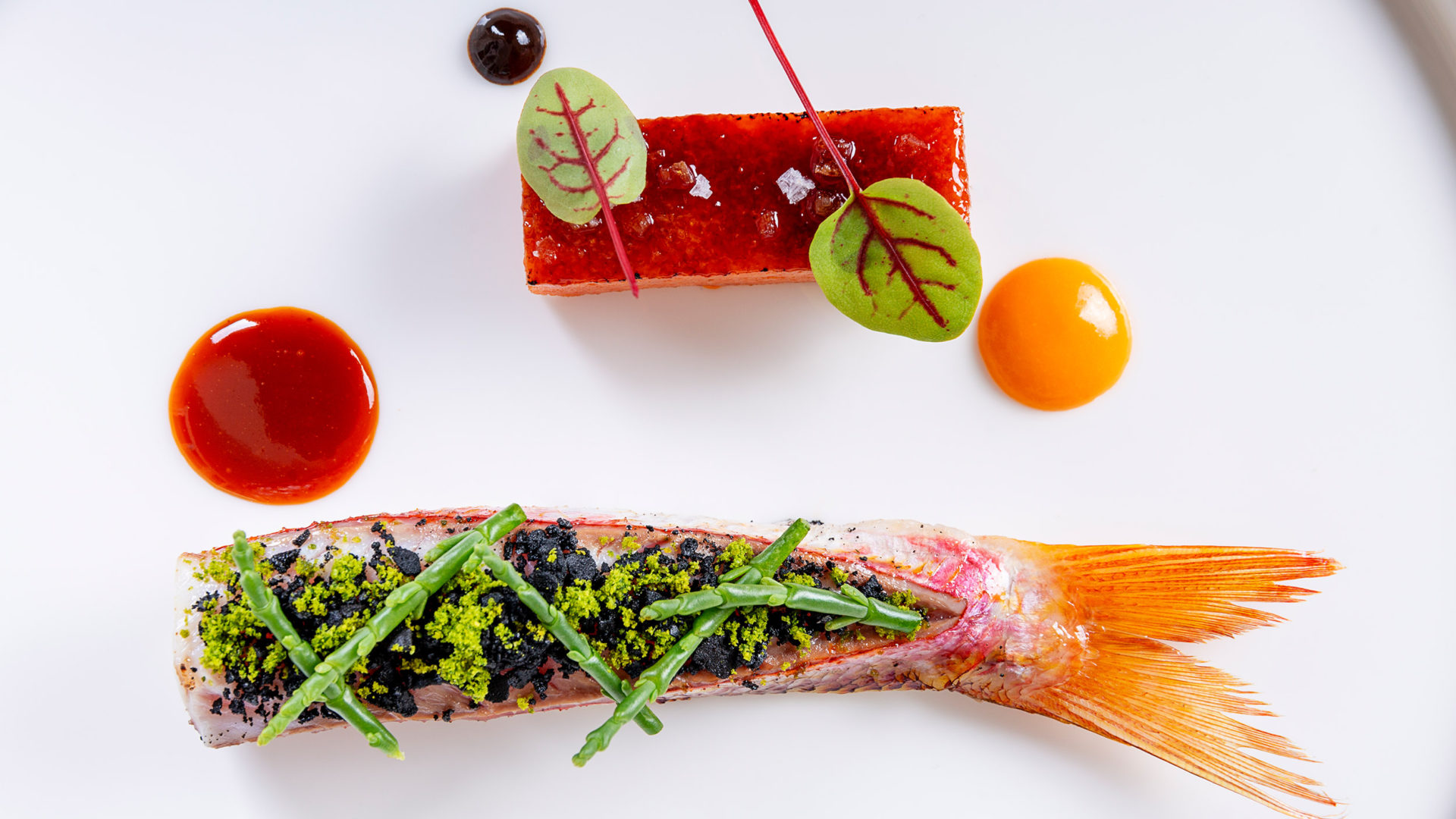 Arnolfo - Red mullet, Pappa al pomodoro, Black fermented garlic Red mullet, Pappa al pomodoro, Black fermented garlic